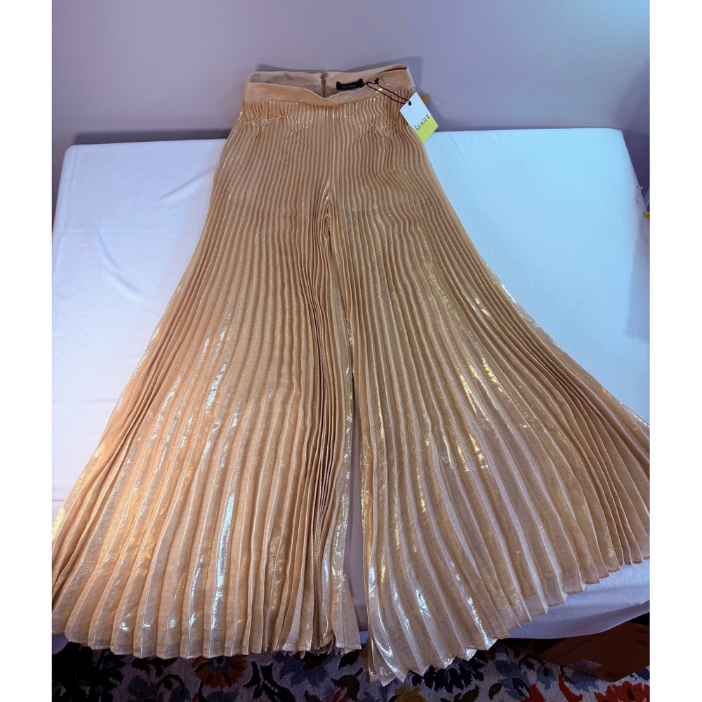 Kourt Wide Leg Pants Champagne Gold Metallic Pleated Boho Festival LuxuryShimmer